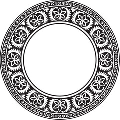 Vector round monochrome black Indian national ornament. Ethnic plant circle, border. Frame, flower ring. Poppies and leaves