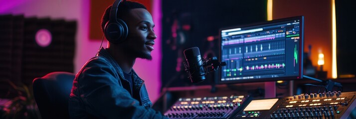 Fototapeta premium A skilled podcaster speaks passionately into a microphone while managing audio equipment in a dynamic studio setting. Generative AI