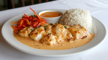 Naklejka premium Gourmet Presentation of Tender Boiled Octopus with Colorful Paprika Garnish and Savory Sauce