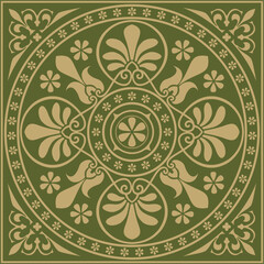 Vector gold with green classic Greek square ornament. Rectangle of Ancient Greece and Roman Empire. Byzantine painting of walls, floors and ceilings. Decoration of European palaces
