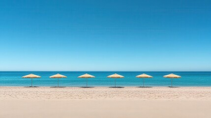 Fototapeta premium A serene beach landscape featuring yellow umbrellas lined up against a clear blue sky and calm sea.