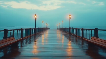 A serene pier at dusk, illuminated by lampposts, with rain-soaked planks reflecting the calm, moody atmosphere of the ocean.