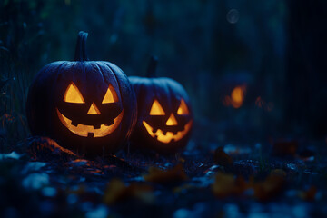 Glowing Jack O' Lanterns at Moonlight in Spooky Halloween Night Scene with Flickering Pumpkins and Creepy Shadows