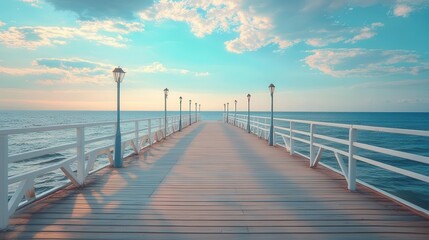 Fototapeta premium A serene wooden pier extending into a tranquil ocean, surrounded by soft clouds and gentle waves, ideal for peaceful retreats.
