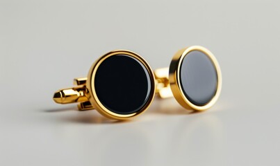 Shiny gold cufflinks, white background, 4K hyperrealistic photo