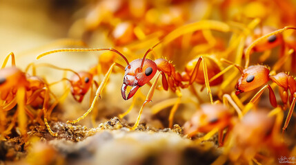 Close up of red ant in group
