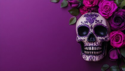 Obraz premium Mexican Skull Adorned with Purple and Dark Pink Roses on Deep Purple Background