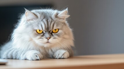A close-up of a regal-looking silver Persian cat with striking yellow eyes, resting gracefully on a wooden surface.