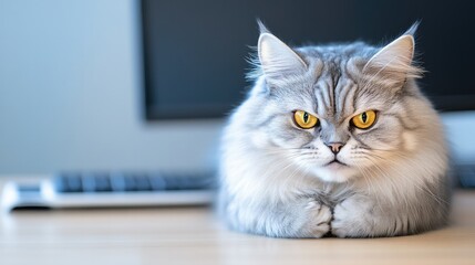 A fluffy silver cat with striking yellow eyes resting on a desk in front of a computer, showcasing its adorable expression.