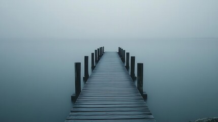 Fototapeta premium A tranquil wooden pier extending into a calm, foggy lake, creating a serene atmosphere for relaxation and contemplation.