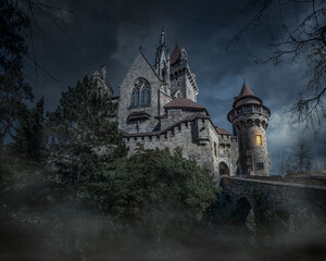 Old haunted abandoned castle in the woods