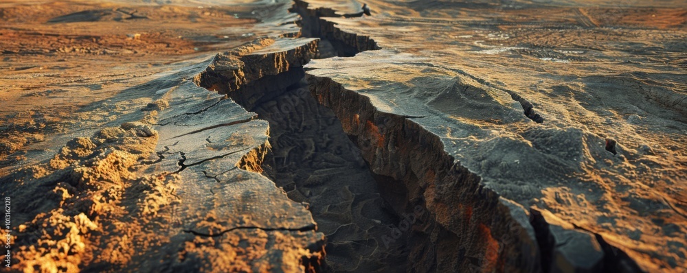 Wall mural Earthquake fissure splitting open the ground, 4K hyperrealistic photo