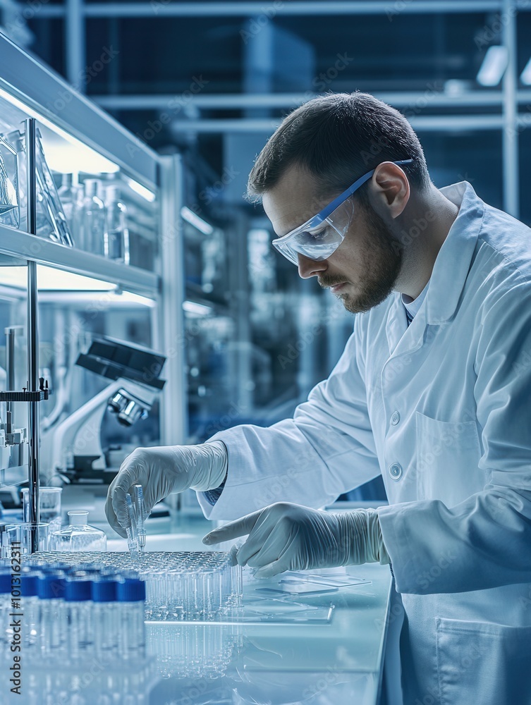 Poster A scientist in a lab coat meticulously works with test tubes, analyzing samples under controlled laboratory conditions. Generative AI