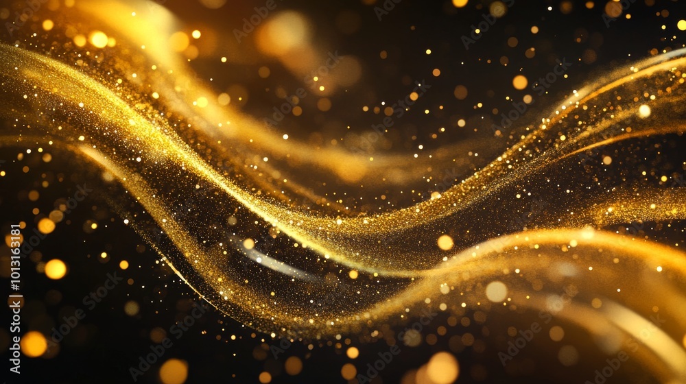 Sticker elegant golden waves with sparkling glitter against a dark background, creating a mesmerizing visual