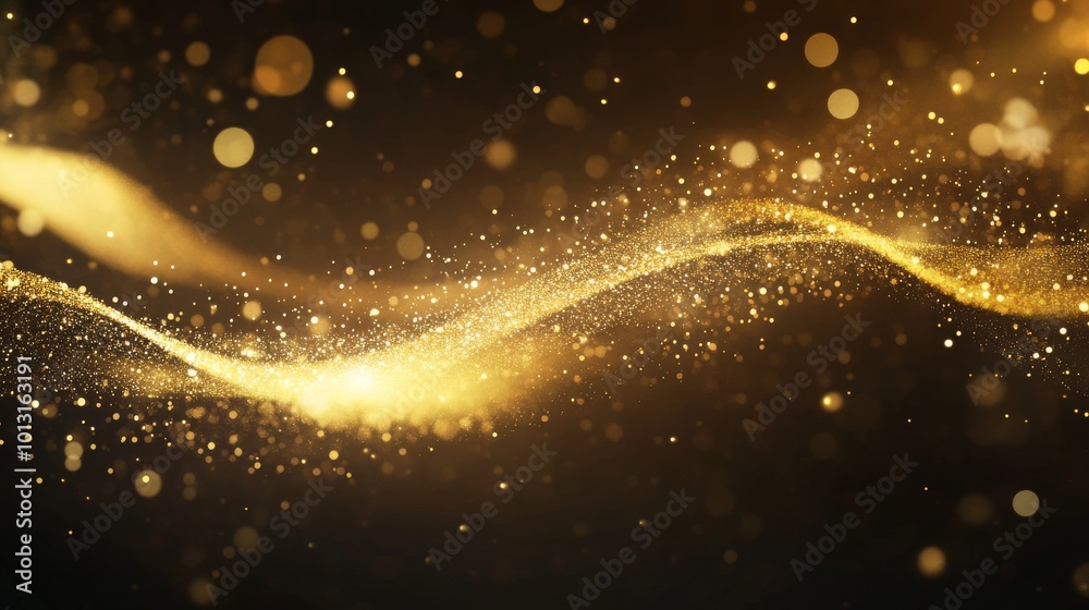 Sticker elegant golden waves with sparkling glitter against a dark background, creating a mesmerizing visual