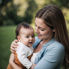 A heartwarming image of a mother holding her baby in a lush outdoor setting. The mother, with a gentle smile, looks lovingly at her child, who is dressed in cozy clothing. Bond, tender, family, love.