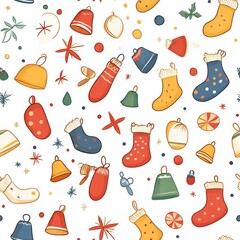 Christmas stockings and bells in doodle style, seamless background