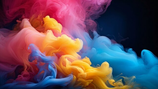Abstract background, flowing waves of vibrant colors intertwine, watercolor style, hues of magenta, teal, and yellow dominate, overlapping, gradient transitions, dynamic movement, textural drips, spla