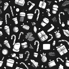 Doodle-style Christmas icons, candy canes, gifts, and holly, seamless background