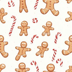 Gingerbread men and candy canes, seamless doodle-style pattern