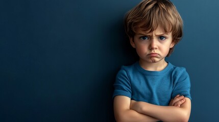 A young boy crossing his arms with a serious expression against a dark blue background during indoor playtime.
