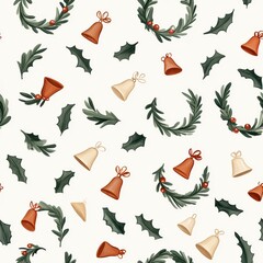 Hand-drawn Christmas wreath and bells, seamless repeat pattern