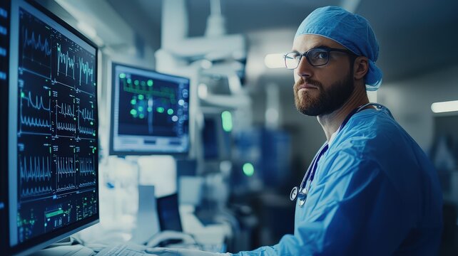 A healthcare professional analyzing data on medical monitors in a hospital environment, showcasing dedication to patient care.