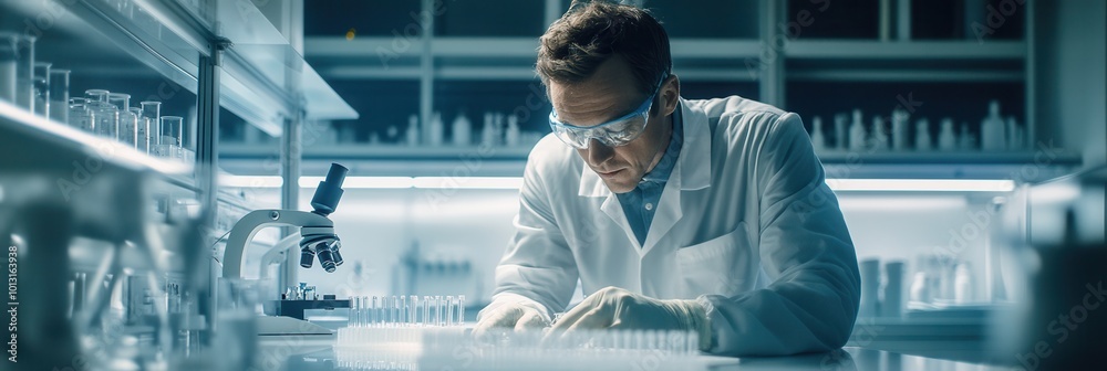 Poster The scientist meticulously handles test tubes and samples in a well-equipped laboratory, focusing intently on the task at hand. Generative AI