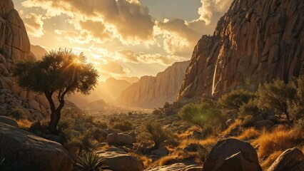 Mount Sinai bathed in divine light, captures the moment where Moses receives the Ten Commandments, olive trees swaying gently in the foreground, rugged terrain ascending into the heavens, stone tablet
