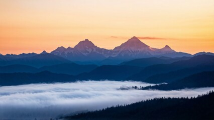 Two mountain peaks break through the veil of clouds, peaks piercing the sky, shrouded in mist, background of untouched mountainous wilderness, contrast between jagged silhouette and soft cloudy embrac