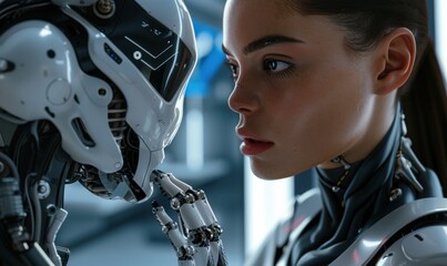 Fototapeta premium Android assistant with empathetic programming and human-like gestures, 4K hyperrealistic photo