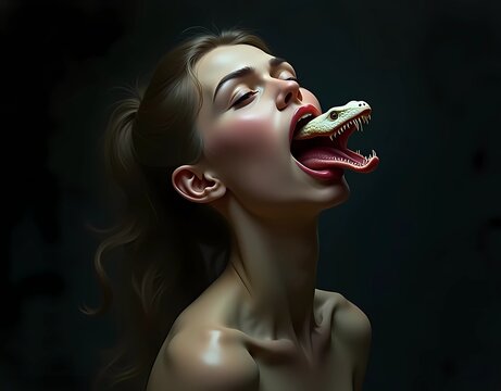 Digital painting of a woman with a tongue shaped like a python head. Concept illustration of a lie or a dangerous mouth.