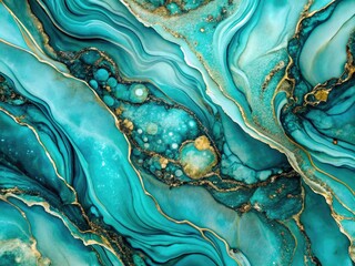 Abstract fluid art showcases a trendy turquoise marble pattern, infused with luxurious alcohol ink and intricate swirls of semiprecious stones for design inspiration.