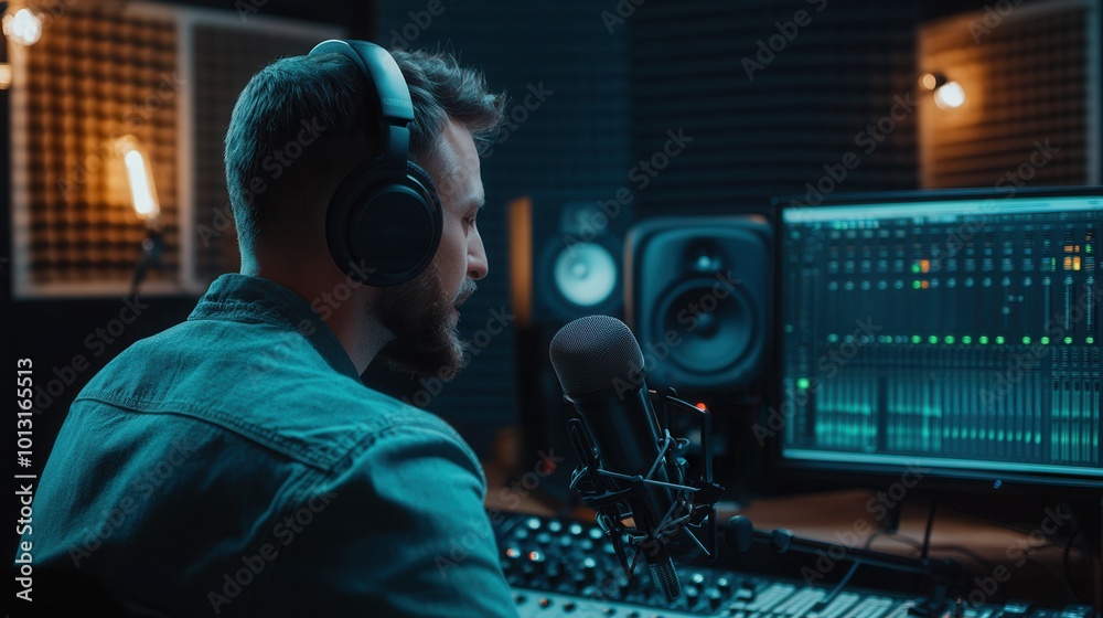 Aufkleber the podcaster engages his audience while adjusting sound equipment in a well-lit studio surrounded b