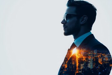 Silhouette of a businessman with cityscape double exposure on white background