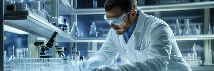 A scientist in a lab coat and goggles meticulously handles test tubes and samples, engaged in detailed experimental analysis in a lab setting. Generative AI