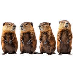 Four Beavers Standing in a Row Isolated On a White Background