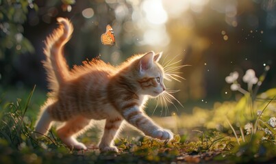 Playful kitten chasing a butterfly in a sunny garden, 4K hyperrealistic photo.