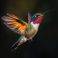 Fototapeta premium A stunning hummingbird hovers gracefully in mid-air. Its iridescent feathers shimmer in the light. Captured in nature, this image showcases vibrant colors and delicate details. AI
