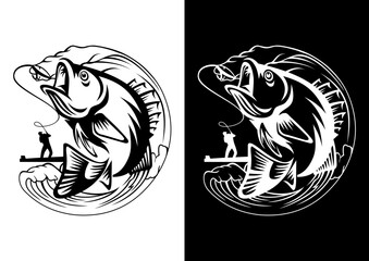  Fisherman catching fish line art black white icon silhouette vector outline illustration