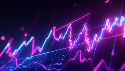 A vibrant digital representation of fluctuating data trends, showcasing a blend of blue and pink lines on a dark background.
