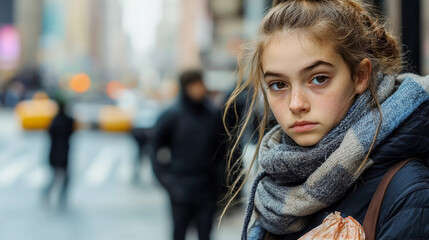 Portrait of young girl in winter on street