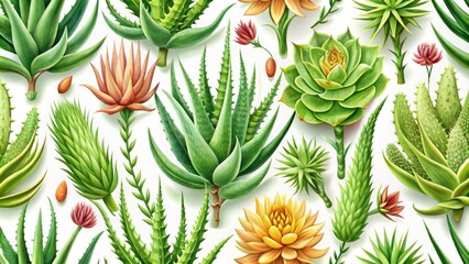 Fototapeta premium Aloe Vera flower seamless vector design combines medicinal plants with a succulent aesthetic, perfect for cosmetic packaging, emphasizing natural beauty and holistic wellness.