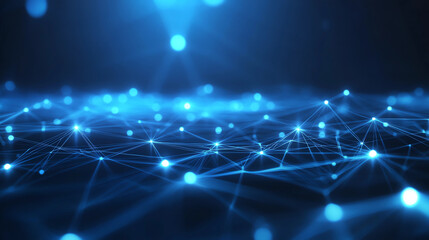 Obraz premium Abstract Digital Network with Blue Lines Connecting Bright Nodes on Dark Blue Blurred Background, Blockchain Technology and Data Science Concept