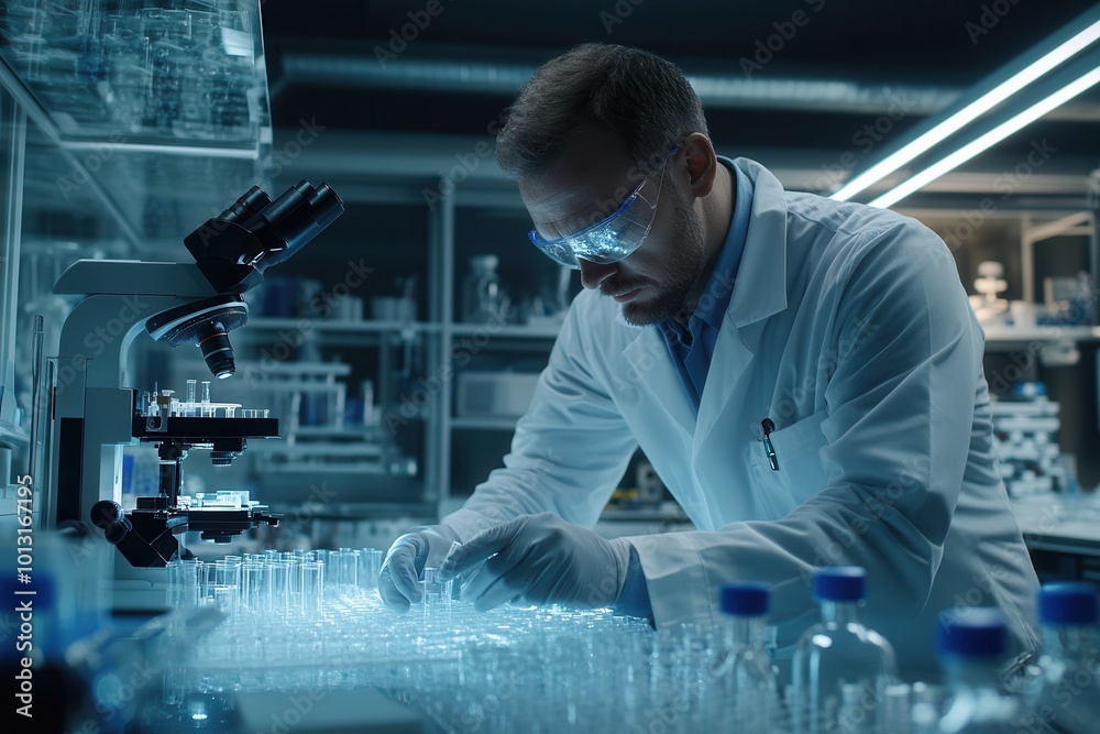 Aufkleber A scientist in a lab coat and protective gear diligently analyzes test tubes and samples in a well-equipped laboratory. Generative AI