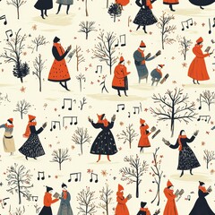 Seamless Pattern of Carolers Singing in Winter Scene