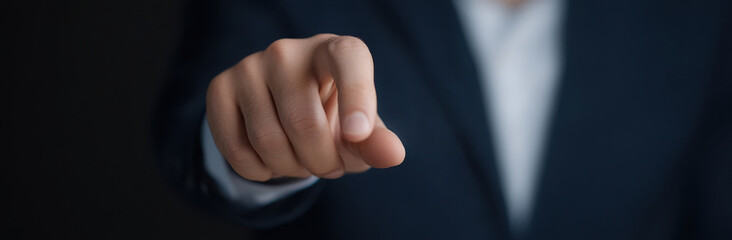Obraz premium Businessman hand pointing on virtual screen, business and technology background, copy space banner, ultra realistic detailed style.