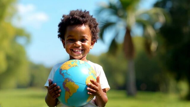 A smiling boy holding earth globe outdoors  in  hands. A child holds a globe on a landscape background. Universal Children's Day - Powered by Adobe