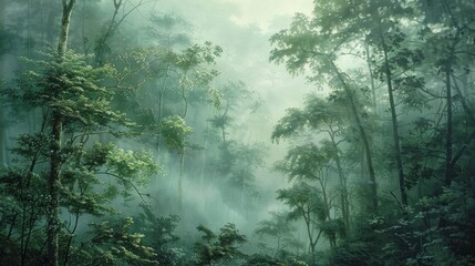 Mystical Green Forest in Fog