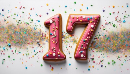 Decorated cookie, number 17, image for birthday or anniversary celebration